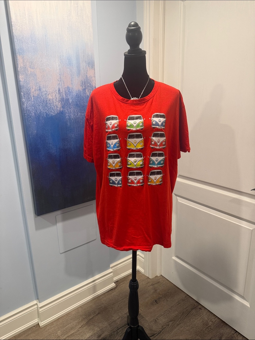 Men's Red Short-Sleeve Graphic Tee with Colorful Van Motif